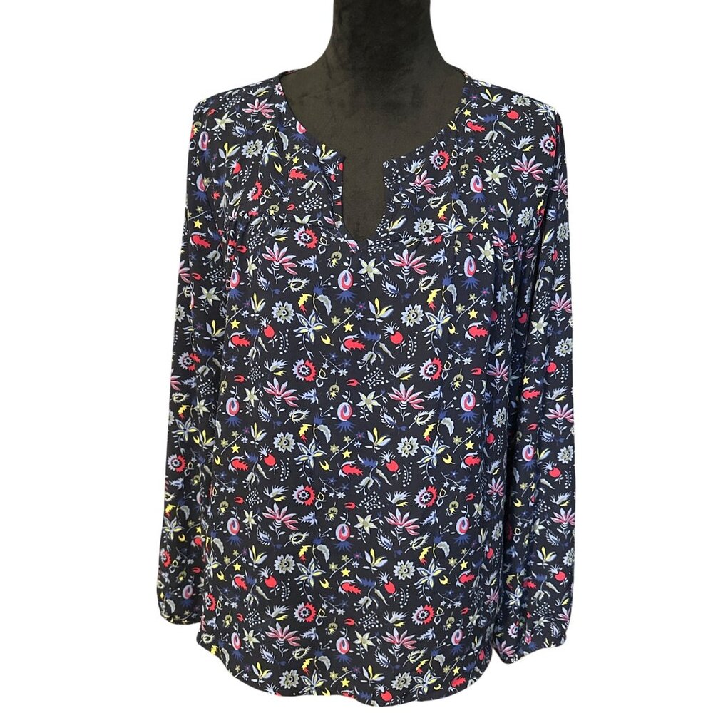 Gap Black Long-Sleeve Floral Print Blouse With Split Neckline Womens Size L - Picture 1 of 6